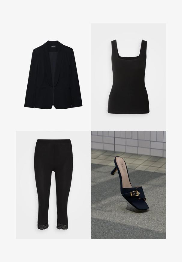 Blazer negro con solapa de pico, cierre de un botón, dos bolsillos frontales y una tela suave y texturizada. Sin patrones ni adornos visibles.; Top negro sin mangas con escote cuadrado, hecho de una tela suave; diseño ajustado sin patrones ni detalles metálicos.; Leggings negros con un ajuste ceñido, que presentan un borde de encaje en el dobladillo. Fabricados con un material suave y elástico para mayor comodidad y flexibilidad.; Mule negro de tacón alto con detalle de hebilla dorada, de la marca "RAID", colocado sobre una superficie texturizada de asfalto cerca de un pavimento con baldosas.