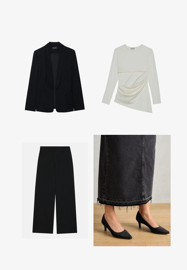 Sort blazer med spids slag, enkelt knaplukning, to forlommer og et glat, struktureret stof. Ingen synlige mønstre eller udsmykninger.; Langærmet bluse i cremefarve med en rund halsudskæring, der har et lagdelt design og rynkede detaljer i den nederste sektion. Blødt stof med en glat tekstur.; Breddebenede sorte bukser lavet af et glat stof. Har en flad talje med bæltestropper og ingen synlige lommer. Simpelt design.; Sorte ruskindpumps med spids tå og en 3 tommer hæl, parret med en lang, mørk denimskørt med frynset kant.