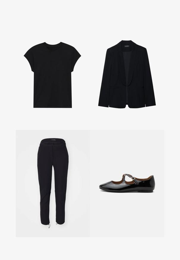Blazer noir avec un revers en pointe, fermeture à un bouton, deux poches avant et un tissu lisse et texturé. Sans motifs ni embellissements visibles.; T-shirt en coton noir avec un col rond, des manches courtes et une coupe décontractée. Texture lisse sans motifs ni embellissements visibles.; Pantalon noir avec une texture lisse, présentant un design ajusté, une taille élastique, deux poches et des poignets ajustables avec cordons de serrage.; Chaussure plate Mary Jane en cuir verni noir avec deux découpes et une bride à boucle dorée sur fond blanc.