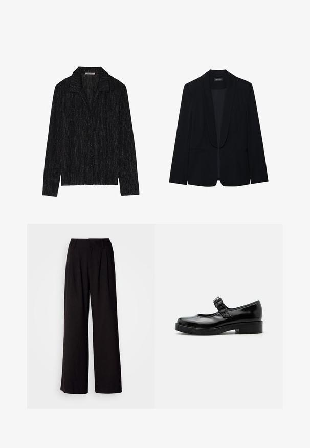 Blazer noir avec un revers en pointe, fermeture à un bouton, deux poches avant et un tissu lisse et texturé. Sans motifs ni embellissements visibles.; Veste noire à manches longues avec une surface texturée et scintillante. Elle présente un col et une fermeture à boutons sur le devant.; Pantalon large noir en tissu lisse, avec des plis à l'avant, une taille ajustée, et sans motifs ni accents visibles.; Chaussure Mary Jane en cuir verni noir avec bout rond, petit talon bloc et bride réglable avec boucle sur le coup de pied.