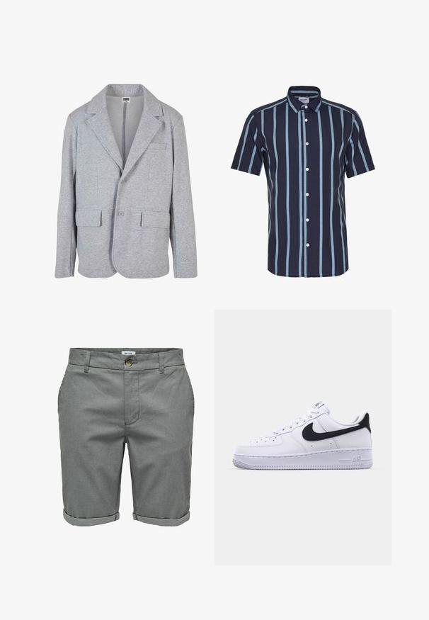 Blazer gris en tissu doux et texturé. Il présente un col à cran, deux poches avant et une fermeture à bouton unique.; Chemise à manches courtes en marine avec des rayures verticales bleu clair. Fermeture à boutons sur le devant, col, tissu en mélange de coton et coupe classique.; Shorts gris en tissu texturé, dotés d'une fermeture à bouton, de poches latérales et de revers roulés pour un look soigné.; Sneaker en cuir blanc avec un Swoosh noir texturé, des lacets plats et une semelle en caoutchouc avec un motif strié. "AIR" est embossé sur le talon.
