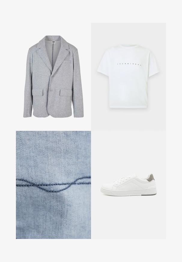 Grå blazer lavet af blødt, struktureret stof. Har en notch krave, to forlommer og en enkelt knaplukning.; Hvid kortærmet bomulds t-shirt med "JACK & JONES" trykt over brystet i små, afstandsede sorte bogstaver.; Lyseblåt denimstof med en synlig buet søm. Teksturen ser glat ud, med ensartet syning i mørkeblå tråd.; Hvid sneaker lavet af glat læder, rund tå, minimalistisk design, grå hælafsats og tekstureret gummisål.