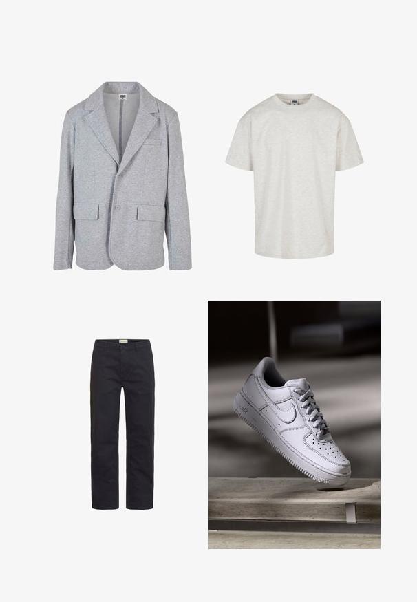 Grå blazer lavet af blødt, struktureret stof. Har en notch krave, to forlommer og en enkelt knaplukning.; Lys grå bomulds T-shirt med kortærmer, rund halsudskæring og afslappet pasform. Tekstureret stof med et subtilt meleret mønster.; Sorte bomuldsbukser med lige ben-design, der har en frontlukning med knap, bæltestropper og minimal dekoration.; Hvid læder Nike Air Force 1 sneaker med perforeret tå, flade snørebånd og tekstureret gummisål med "AIR" branding på siden.