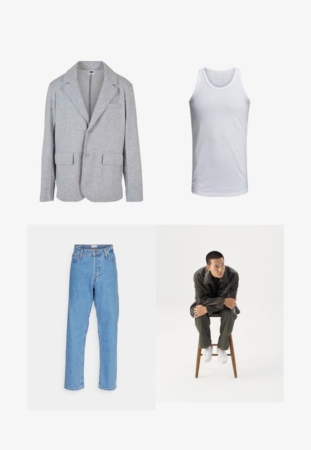 Grå blazer lavet af blødt, struktureret stof. Har en notch krave, to forlommer og en enkelt knaplukning.; Hvid bomulds tank top med rund halsudskæring, brede skulderstropper og minimal branding trykt indeni kraven. Blød tekstur, afslappet pasform.; Lyseblå højtaljede lige ben jeans med knap foran, lynlåslukning, bæltestropper og fem-lomme design på hvid baggrund.; Ung mand i mørk læderjakke og jeans sidder på en træskammel, læner sig fremad med armene krydset og kigger til siden mod hvid baggrund.