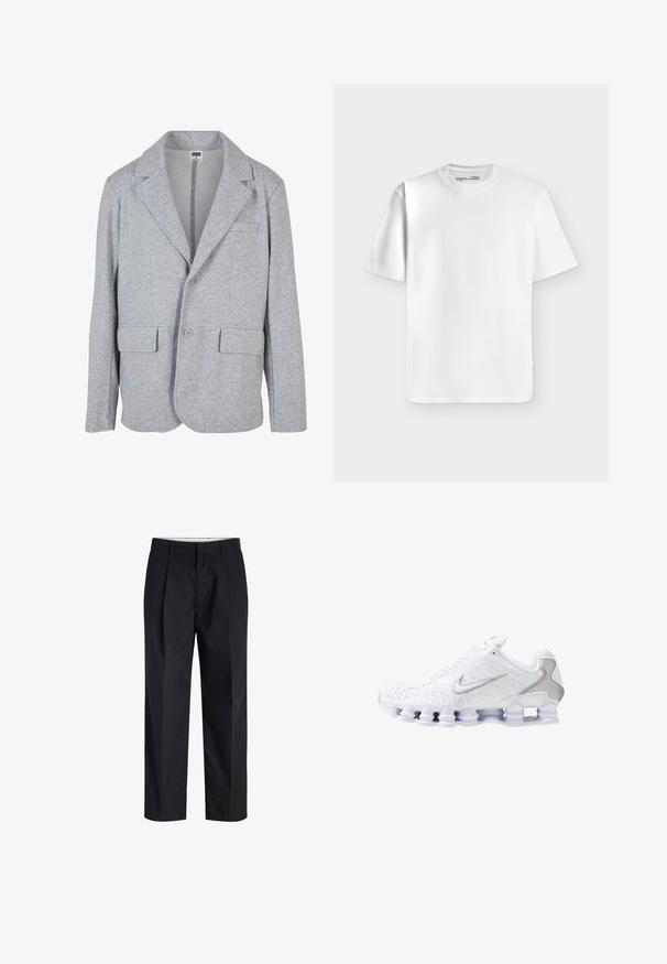 Grijze blazer van zacht, getextureerd materiaal. Heeft een notch collar, twee voorzakken en een enkele knoopsluiting.; Effen wit T-shirt met korte mouwen en een ronde hals, plat liggend op een lichtgrijze achtergrond met een klein merkje aan de binnenkant van de halslijn.; Zwarte broek met rechte pijpen, voorzien van een tailleband, riemlussen, een ritssluiting aan de voorkant en zijzakken, afgebeeld op een witte achtergrond.; Witte sportschoenen met een gestructureerd bovenwerk, een zilveren swoosh-logo, meshpanelen en een opvallende gesegmenteerde witte zool.