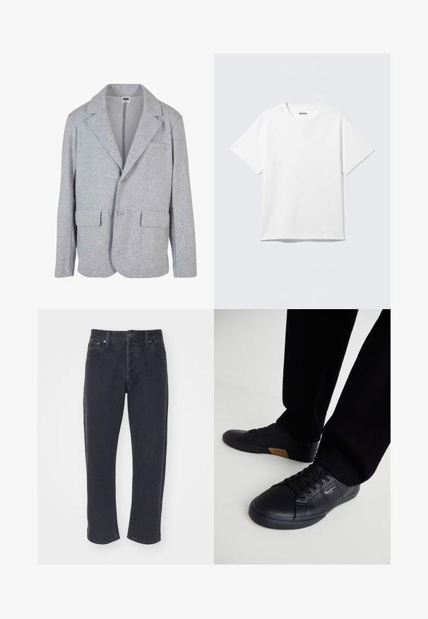 Blazer gris hecho de un tejido suave y texturizado. Cuenta con un cuello de muesca, dos bolsillos frontales y un cierre de un solo botón.; Camiseta blanca de manga corta con cuello redondo, colocada plana, diseño liso, con etiqueta "WEEKDAY" en el interior del cuello sobre un fondo claro.; Jeans de mezclilla gris oscuro con corte recto, cinco bolsillos y herrajes metálicos. Presenta costuras de contraste y una textura ligeramente desgastada.; Zapatillas de cuero negro con un diseño elegante, que presentan una superficie texturizada, punta redonda y cordones negros. Detalle del logo en dorado en el lateral.