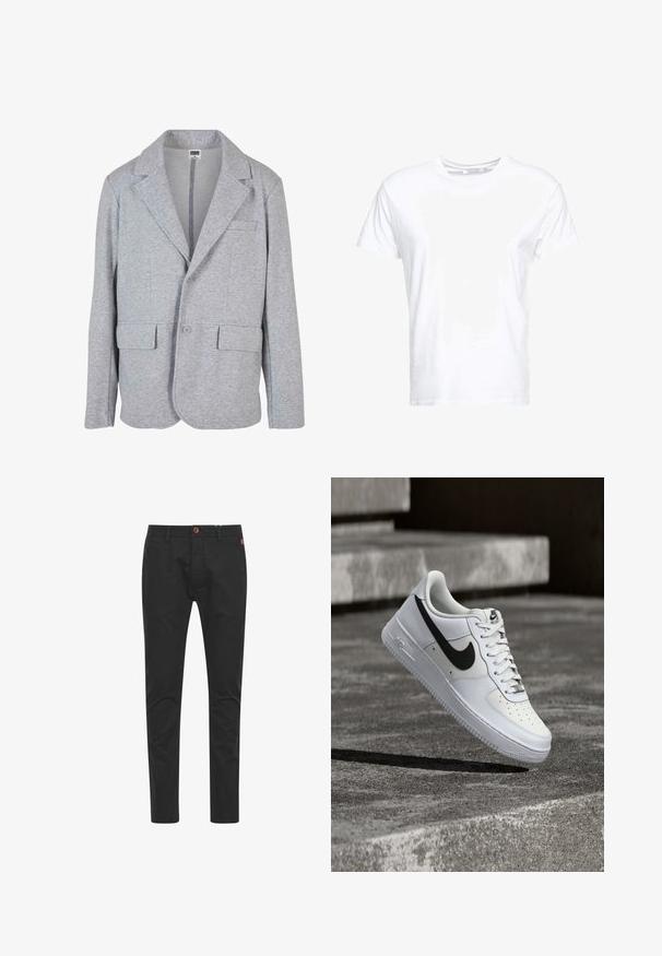 Grijze blazer van zacht, getextureerd materiaal. Heeft een notch collar, twee voorzakken en een enkele knoopsluiting.; Witte katoenen t-shirt met een ronde hals en korte mouwen, in een klassiek model met een gladde textuur. Geen patronen of hardware zichtbaar.; Zwarte chinos met een slim fit, gemaakt van katoen, voorzien van een bruine knoopsluiting, vier zakken en klassieke stikseldetails.; Witte Nike Air Force 1 sneaker met zwarte swoosh, veters gestrikt, zwevend in de lucht boven een gestructureerd betonnen oppervlak buiten.