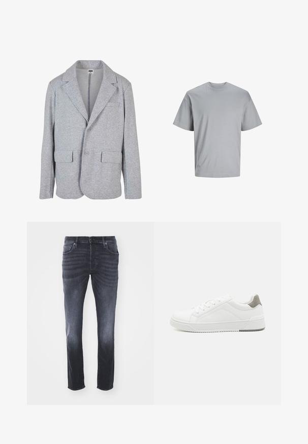 Grå blazer lavet af blødt, struktureret stof. Har en notch krave, to forlommer og en enkelt knaplukning.; Lysegrå kortærmet t-shirt lavet af glat bomuldsstof, med rund hals og en afslappet pasform uden synlige mønstre eller logoer.; Mørkegrå denim jeans med et klassisk lige ben-design, der har forlommer, lynlåsgylp med knaplukning og subtile falmninger.; Hvid sneaker lavet af glat læder, rund tå, minimalistisk design, grå hælafsats og tekstureret gummisål.