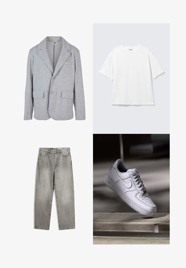 Grå blazer lavet af blødt, struktureret stof. Har en notch krave, to forlommer og en enkelt knaplukning.; Hvid oversized t-shirt med korte ærmer og rund halsudskæring med sænkede skuldre, fladt lagt på lys grå baggrund.; Grå denimbukser med lige ben, der har forlommer, en knaplukning og en subtil falmet tekstur.; Hvid læder Nike Air Force 1 sneaker med perforeret tå, flade snørebånd og tekstureret gummisål med "AIR" branding på siden.