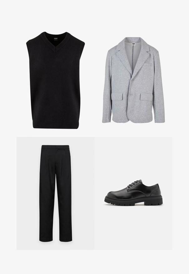 Blazer gris hecho de un tejido suave y texturizado. Cuenta con un cuello de muesca, dos bolsillos frontales y un cierre de un solo botón.; Jersey sin mangas negro con escote en V, hecho de un material suave, que cuenta con un escote y dobladillo de canalé. Diseño simple y clásico.; Pantalones negros de tela suave, con un diseño de pierna recta, dos pliegues frontales y una cintura estándar con trabillas para el cinturón.; Zapatos de cuero negro con punta redondeada, diseño con cordones y una suela de goma gruesa y texturizada. Presentan costuras a lo largo del borde y un acabado suave.
