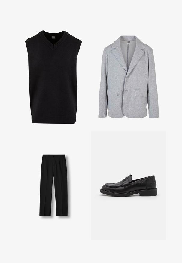 Grå blazer lavet af blødt, struktureret stof. Har en notch krave, to forlommer og en enkelt knaplukning.; Sort ærmeløs sweater med V-hals, lavet af blødt materiale, med ribbet halsudskæring og kant. Enkel, klassisk design.; Sorte bukser med lige ben, forreste plisseringer, knaplukning i taljen og sidelommer på hvid baggrund.; Sorte læder loafers med en rund tå, tonale syninger og en stropdetalje foran. Gummisål med en lav hæl.