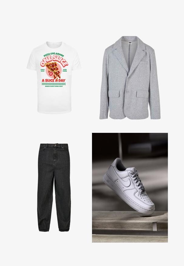 Grijze blazer van zacht, getextureerd materiaal. Heeft een notch collar, twee voorzakken en een enkele knoopsluiting.; Witte t-shirt met een grafische print van een pizzapunt met pepperoni, vergezeld van kleurrijke tekst en een geruit patroon aan de onderkant.; Zwarte spijkerbroek van denim met een relaxte pasvorm, voorzien van een sluiting met een knoop aan de voorkant, vijf zakken en subtiele vervagingsdetails op de stof.; Witte Nike Air Force 1 sneaker van leer met geperforeerde neus, platte veters en een gestructureerde rubberen zool met "AIR"-logo aan de zijkant.
