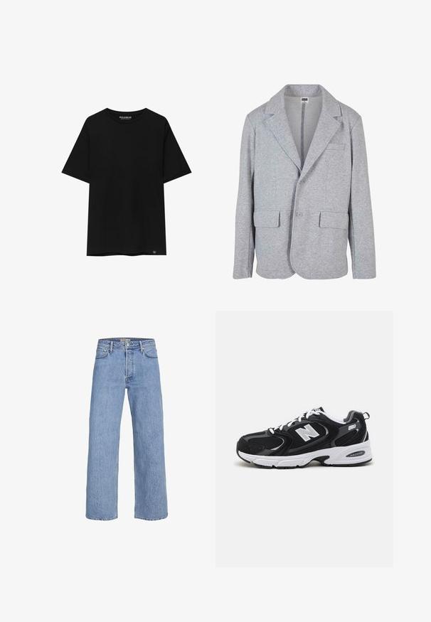 Grijze blazer van zacht, getextureerd materiaal. Heeft een notch collar, twee voorzakken en een enkele knoopsluiting.; Zwart t-shirt met korte mouwen van katoen, met een ronde hals en een klein merkembleem op de linkeronderkant.; Lichtblauwe denim wijde jeans met een hoge taille, vijf-pocketontwerp en subtiele stikdetails. Glad textuur en rechte pijpen.; Zwarte en grijze sport schoenen met een bovenwerk van mesh en suede, voorzien van een witte tussenzool, veters en een gedurfde "N"-logo aan de zijkant.