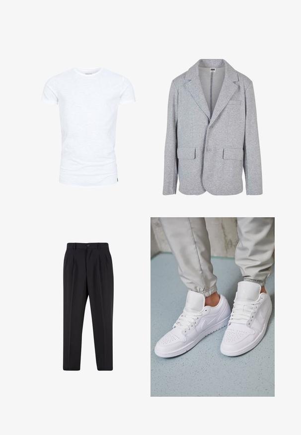 Blazer gris en tissu doux et texturé. Il présente un col à cran, deux poches avant et une fermeture à bouton unique.; T-shirt blanc uni à manches courtes avec col rond, coupe standard et légère texture sur le tissu, présenté sur fond blanc.; Pantalon noir sur mesure avec plis à l'avant, passants pour ceinture et fermeture par bouton à la taille.; Des baskets en cuir blanc présentent une zone de perforation à l'avant, des lacets plats, un col rembourré et le logo Jordan sur la languette. Portées avec un pantalon de jogging gris.