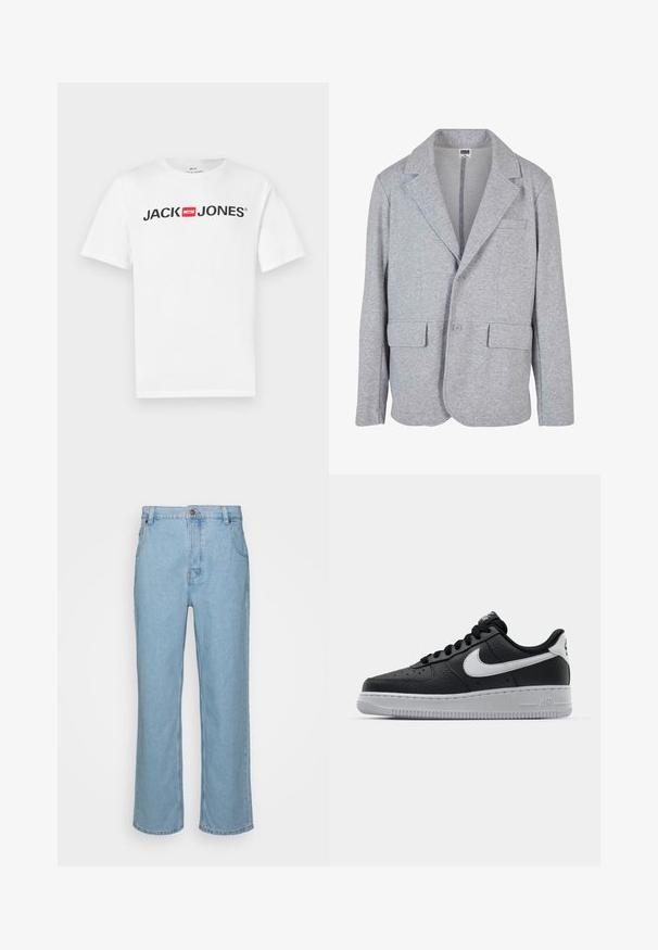 Grå blazer lavet af blødt, struktureret stof. Har en notch krave, to forlommer og en enkelt knaplukning.; Hvid bomulds-T-shirt med stort sort "JACK & JONES" logo med en rød boksdetalje. Korte ærmer og klassisk rund hals.; Lysblå denim jeans med lige ben design, der har knaplukning, bæltestropper og to forlommer.; Sort lædersneaker med tekstureret overflade, hvid Nike swoosh, grå sål, rund tå og snørebåndsdesign. Har perforeringer på tåboksen.