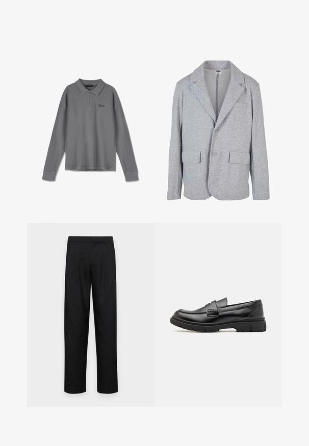 Grauer Blazer aus weichem, strukturiertem Stoff. Mit Reverskragen, zwei Vordertaschen und einer Knopfleiste mit einem einzigen Knopf.; Langarm-Polohemd aus gestreiftem grauem Stoff. Verfügt über einen Kragen, eine Drei-Knopf-Leiste und dezente schwarze Markenkennzeichnung auf der Brust.; Schwarze Hose aus glattem Stoff, mit geradem Bein Design, zwei vorderen Falten und einem Standardbund mit Gürtelschlaufen.; Schwarze Lederloafer mit einem breiten Riemen über dem Rist, Gummisohle mit dicken Profilen und glatter Textur. Klassisches, schlankes Design.