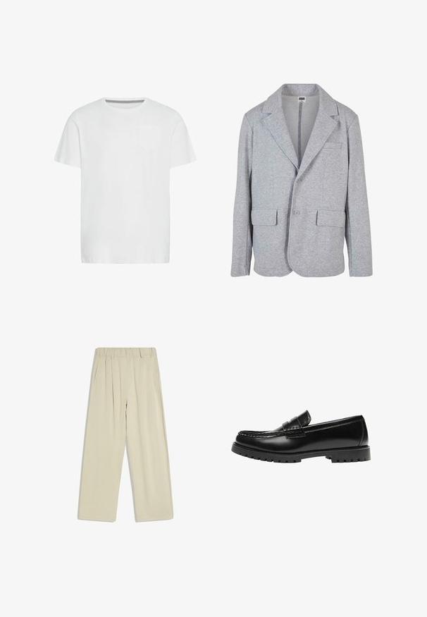 Blazer gris en tissu doux et texturé. Il présente un col à cran, deux poches avant et une fermeture à bouton unique.; T-shirt en coton blanc avec un col rond, des manches courtes et une poche poitrine simple. Présente un motif en chevrons subtil à l'intérieur du col.; Pantalon beige taille haute avec ceinture élastique, jambes larges et poches latérales, présenté sur fond blanc.; Mocassin en cuir noir avec une semelle en caoutchouc épaisse et un détail classique de bride à monnaie, vu de côté extérieur.