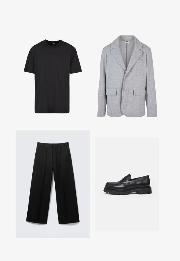 Blazer gris en tissu doux et texturé. Il présente un col à cran, deux poches avant et une fermeture à bouton unique.; T-shirt noir à manches courtes en coton, avec un col rond, une coupe décontractée et des détails de couture minimalistes sur les épaules.; Pantalon large noir avec passants pour ceinture, poches avant et fermeture éclair, présenté sur un fond gris clair.; Mocassin en cuir noir avec semelle épaisse crantée et détail de bride penny, présenté en profil droit sur fond blanc.