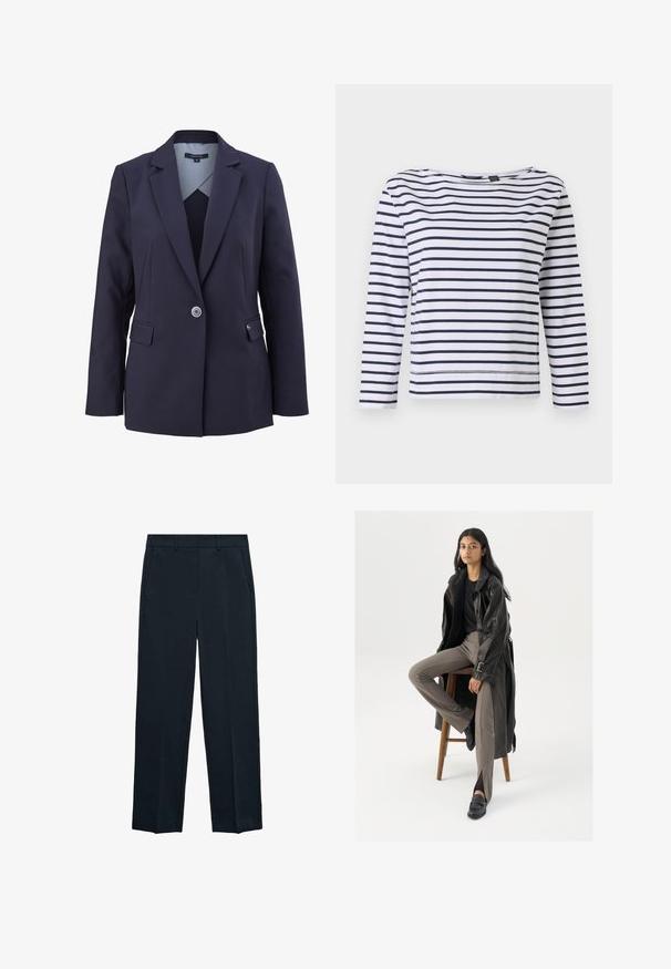 Blazer marine à la coupe structurée, fermeture à un bouton, deux poches avant et une doublure intérieure rayée contrastante. Coupe ajustée.; Haut à manches longues rayé en blanc et bleu marine, avec un col bateau et une coupe décontractée. Fabriqué en coton doux avec des ourlets cousus.; Pantalons bleu marine avec une coupe droite, devant plat, deux poches latérales et une texture lisse. Aucun motif ou accent visible.; Manteau trench en cuir noir avec des boutons et une ceinture, associé à un pantalon ajusté marron clair et des mocassins noirs, assis sur un tabouret en bois.