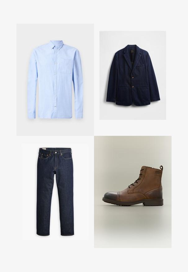 Blazer de mezclilla azul marino con solapa estrecha, dos bolsillos frontales, un bolsillo en el pecho y botones marrones. Textura suave, ajuste informal.; Camisa de manga larga azul clara, confeccionada en una tela suave, que presenta un cuello abotonado y un solo bolsillo en el pecho.; Jeans de denim azul oscuro con corte recto, que cuentan con un estilo de cinco bolsillos, costuras visibles y una clásica bragueta de botones.; Bota de cuero marrón con cordones hasta el tobillo, puntera negra, suela redonda y detalle de marca en el lateral sobre un fondo liso.