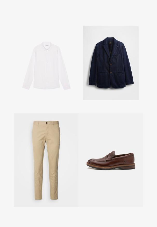 Blazer en jean bleu marine avec un col étroit, deux poches avant, une poche poitrine et des boutons marron. Texture douce, coupe décontractée.; Chemise blanche à manches longues, en coton. Présente un col classique, des boutons sur le devant et une texture lisse sans motifs visibles.; Chinos beiges avec une fermeture à bouton, coupe slim et tissu en coton lisse. Comprend des détails de couture et un design standard à cinq poches.; Mocassins en cuir marron avec une finition lisse, présentant un design brodé, un style à enfiler et une semelle en caoutchouc texturée pour une traction optimale.