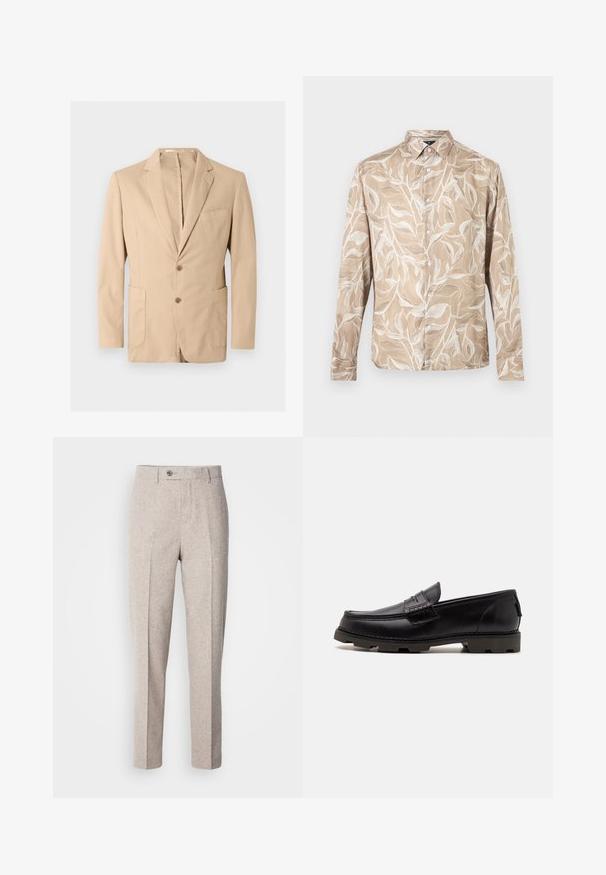 Beige herenblazer met gekerfde revers, twee knopen aan de voorkant, een borstzak en twee lagere zakken met klep, weergegeven op een effen achtergrond.; Beige overhemd met lange mouwen en knopen, voorzien van een wit bladwijzenpatroon en een puntige kraag.; Lichtbeige wollen broek met een zachte textuur, rechte snit, voorplooien en een enkele knoopsluiting bij de tailleband.; Zwarte leren instappers met een ronde neuspunt, decoratieve stiksels en een gestructureerde zool voor grip. Licht verhoogde hak.