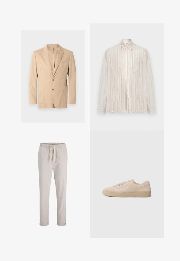 Blazer beige pour homme avec revers à encoche, deux boutons à l'avant, poche poitrine et deux poches plaquées inférieures, présenté sur un fond uni.; Chemise homme à manches longues avec boutons, rayures verticales beige, blanches et marron clair, et une unique poche poitrine.; Pantalon décontracté beige avec taille élastique, cordon de serrage à l'avant et revers roulés, présenté sur un fond blanc.; Baskets en daim beige avec un bout rond, des lacets plats et une semelle en caoutchouc texturé. Design minimaliste avec des bords lisses et des coutures discrètes.