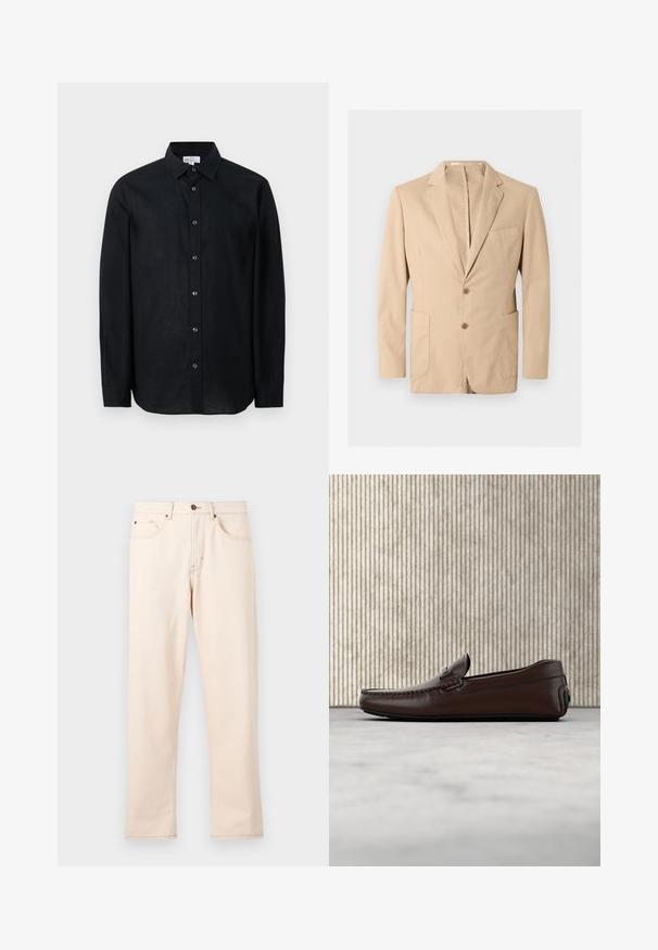 Blazer beige pour homme avec revers à encoche, deux boutons à l'avant, poche poitrine et deux poches plaquées inférieures, présenté sur un fond uni.; Chemise noire à manches longues avec boutons et col, présentée à plat sur un fond blanc.; Jean beige droit avec cinq poches, fermeture à boutons et surpiqûres contrastantes sur un fond clair uni.; Mocassins en cuir marron avec une finition lisse, des coutures de style mocassin, un bout rehaussé et une semelle en caoutchouc basse et flexible.