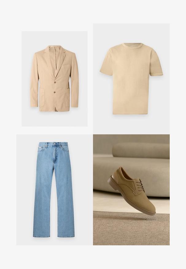 Blazer beige pour homme avec revers à encoche, deux boutons à l'avant, poche poitrine et deux poches plaquées inférieures, présenté sur un fond uni.; T-shirt beige en coton à manches courtes et col rond avec une coupe décontractée et des détails de couture subtils sur un fond clair.; Jean en denim bleu clair coupe droite à cinq poches avec fermeture à boutons à la taille, présenté sur un fond uni.; Chaussure décontractée beige à lacets flottant au-dessus d'un tapis texturé avec un canapé incurvé beige en arrière-plan.