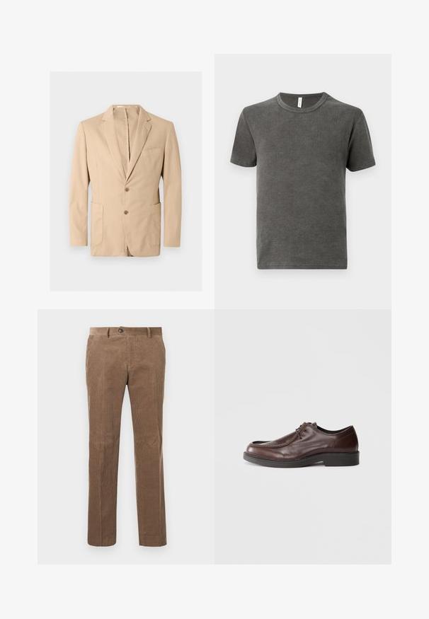 Blazer beige para hombre con solapas con muesca, dos botones delanteros, bolsillo en el pecho y dos bolsillos de parche inferiores, mostrado sobre un fondo liso.; Camiseta gris de cuello redondo hecha de una tela suave, con mangas cortas y un dobladillo recto. Textura lisa sin patrones ni acentos visibles.; Pantalones de pana marrones con textura de ribete vertical, diseño de pierna recta, cierre de un solo botón y dos bolsillos frontales.; Zapato de vestir de cuero marrón con punta redonda, acentos de costura mínimos y una suela negra resistente. Presenta un cierre con cordones y una textura suave.