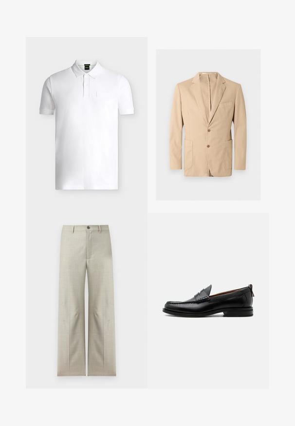 Blazer beige pour homme avec revers à encoche, deux boutons à l'avant, poche poitrine et deux poches plaquées inférieures, présenté sur un fond uni.; Polo blanc à manches courtes avec col côtelé, patte de boutonnage à deux boutons et logo embossé discret sur la poitrine gauche.; Pantalon formel beige clair à jambes droites, fermeture avec bouton et fermeture éclair, passants pour ceinture, présenté sur un fond blanc.; Mocassin homme en cuir noir avec couture moc toe, bride penny, col texturé et petit talon empilé sur fond blanc.