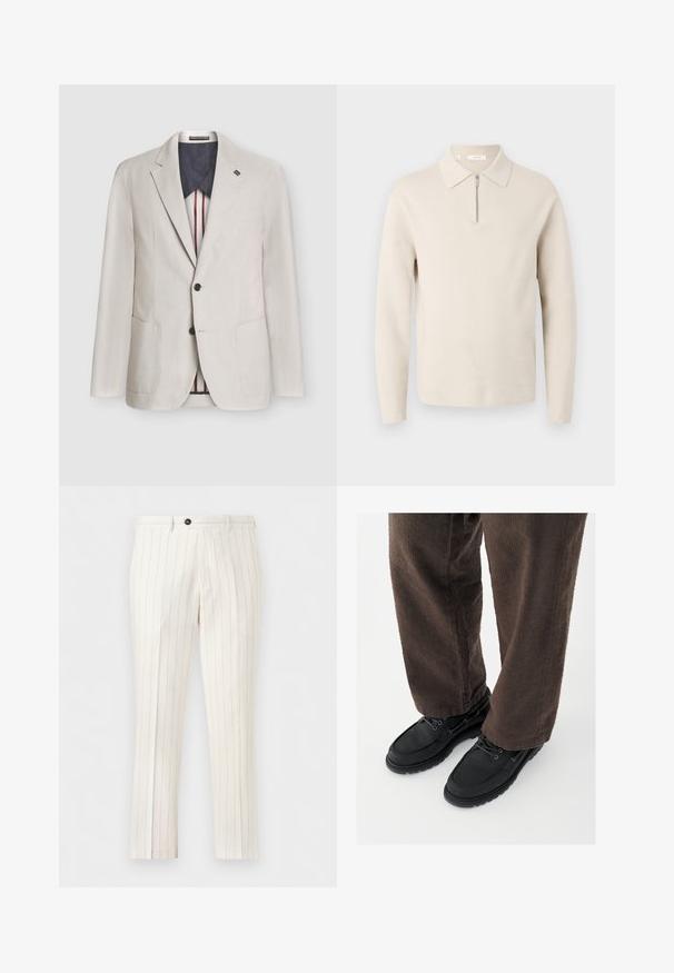Licht beige corduroy blazer met twee zwarte knopen, met inkeping, opgestikte zakken en een donker voering met rode en witte strepen.; Beige trui met lange mouwen, een kraag en een korte ritssluiting aan de voorkant, getoond op een witte achtergrond.; Witte hoge taille broek met dunne verticale grijze strepen, knoopsluiting aan de voorkant en een getailleerde slim fit.; Zwarte leren schoenen met een gladde afwerking, ronde neus en vetersluiting, gecombineerd met textuurrijke bruine broek. Vanuit een laag perspectief gezien.