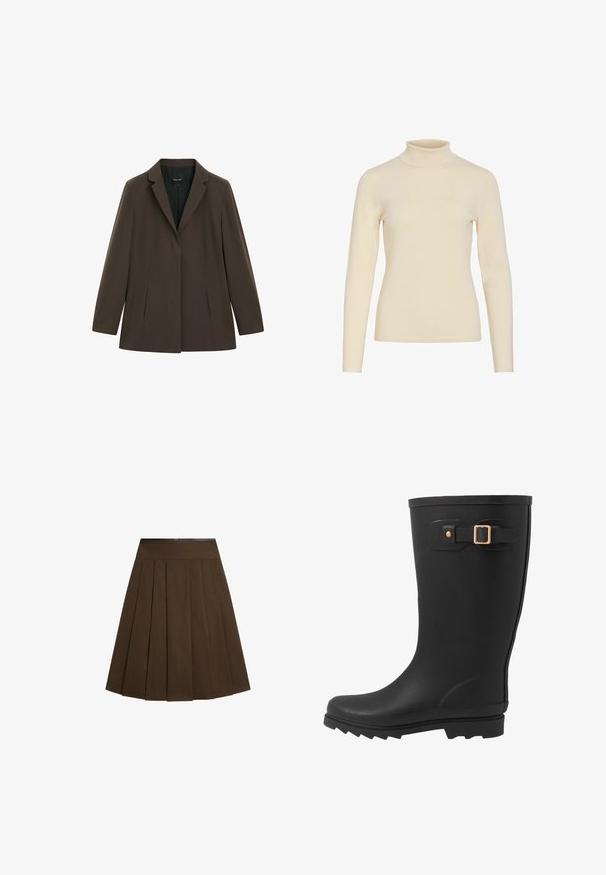 Dark brown tailored blazer with long sleeves, notched lapels, and two vertical seam pockets on the front, displayed on a white background.; Cream-colored long-sleeve turtleneck sweater with a fitted silhouette and ribbed neckline on a plain white background.; Dark brown pleated skirt with a fitted waistband, knee-length hem, and evenly spaced vertical folds.; Black rubber rain boot with a rounded toe, textured sole, and a side strap detail with a gold buckle accent.