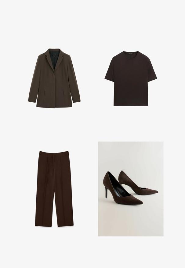 Dunkelbrauner, maßgeschneiderter Blazer mit langen Ärmeln, gekerbtem Revers und zwei vertikalen Nahttaschen vorne, auf weißem Hintergrund dargestellt.; Einfaches dunkelbraunes kurzärmeliges Baumwoll-T-Shirt mit rundem Halsausschnitt, flach auf weißem Hintergrund dargestellt.; Braune, taillierte Stoffhosen mit Falten, weitem Bein, glatter Textur und hohem Bund, geeignet für formelle oder legere Anlässe.; Braune Wildleder-Pumps mit spitzem Zehendesign, die eine elegante Silhouette und einen dünnen Stiletto-Absatz aufweisen. Glatte Innenauskleidung.