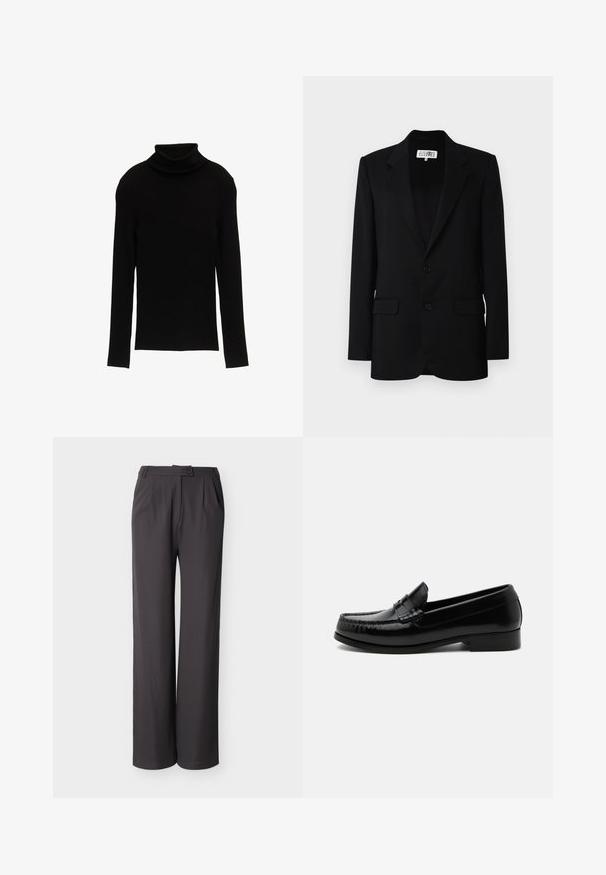 MM6 Maison Margiela JACKET - Bleiseri - black; Musta ribbivartinen kauluri, jossa on pitkät hihat ja tiukka muotoilu. Kangas näyttää sileältä, siinä on pehmeä pinta ja yksinkertainen siluetti.; Tummanharmaat, korkeavyötäröiset, leveälahkeiset housut, joissa on etutaskut, sivutaskut, vyölenkit ja nappikiinnitys vyötäröllä.; Musta nahkainen penny loafer matalalla korolla, moc toe -ompeleilla ja klassisella slip-on-mallilla valkoisella taustalla.