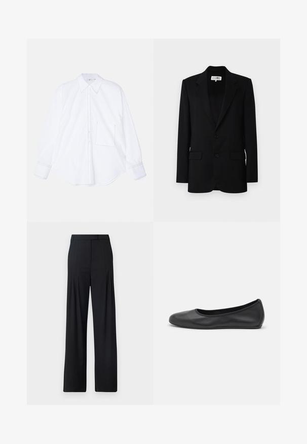 MM6 Maison Margiela JACKET - Blazer - black; Hvid langærmet skjorte fremstillet af glat stof, med knaplukning foran, stort krave, rundet nederste kant og en enkelt venstre brystlomme med syningsdetalje.; Sorte bredde benbukser med flad front, folder og en skræddersyet talje. Lavet af glat, letvægtsstof.; Sort læderballetsko med rund tå, glat tekstur, minimal syning og et fleksibelt såldesign.