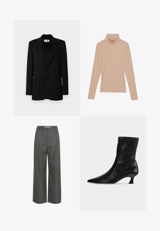 MM6 Maison Margiela JACKET - Blazer - black; Beige langærmet ribbet turtleneck-top med høj krave, præsenteret fladt på en lys baggrund.; Grå brede bukser lavet af struktureret stof, med høj talje og frontfolder, uden synlige lommer eller hardware detaljer.; Sort læderstøvle til midt på læggen med spids tå og lav kittenhæl, vist fra siden på en ensartet lys baggrund.