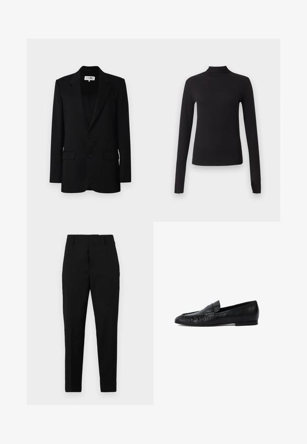 MM6 Maison Margiela JACKET - Blejzer - black; Čierny priliehavý top s dlhým rukávom a stojatým golierom, zobrazený na jednoduchom svetlosivom pozadí.; Čierne nohavice s prispôsobeným strihom, ktoré majú bočné vrecká, hladkú textúru a štýlový dizajn, ktorý sa smerom k členkom zužuje.; Čierne kožené poltopánky s okrúhlym špičkou, so šitím na prednej strane a plochou podrážkou. Minimalistický dizajn s nenápadným logom.