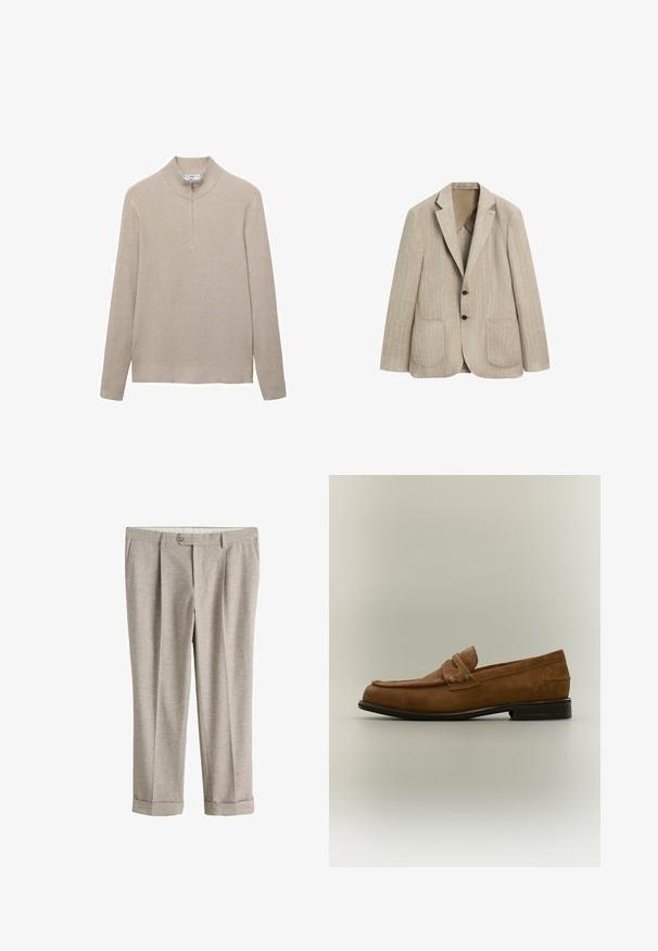 Beige hørblazer med to sorte knapper, brede slag og to forlommer, vist på hvid baggrund.; Beige ribbet striktrøje med høj krave og lynlås i halv længde. Lange ærmer og en tætsiddende kantdesign fremhæver det strukturerede udseende.; Lysebeige skræddersyede bukser med knaplukning, bæltestropper, sidelommer og omslag ved buksebenene.; Brun ruskind loafer med en lav sort hæl og et syet remdetalje på overdelen, vist fra siden mod en neutral baggrund.