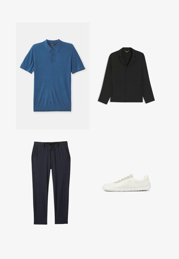 Schwarzer Blazer mit einem einzigen Knopfverschluss, mit Revers, langen Ärmeln und seitlichen Schlitzen. Glattes Material mit minimalistischem Design.; Blaues Polohemd aus weichem Stoff, mit Kragen, Knopfleiste mit drei Knöpfen und kurzen Ärmeln. Dezent gehaltenes Logo-Detail auf der Brust.; Marinefarbene Sporthose aus dehnbarem Stoff, mit einem verstellbaren Bund, zwei Seitentaschen und geradem Beinanschnitt.; Minimalistischer weißer Low-Top-Sneaker mit strukturiertem Mesh-Gewebe, weißer Sohle und hellbeigem Schnürösen-Panel.