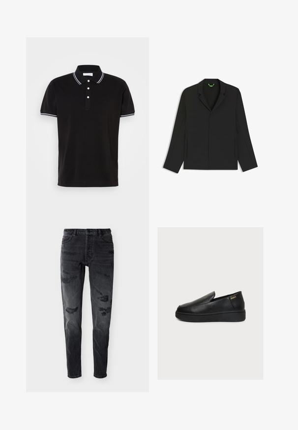 Blazer negro con cierre de un solo botón, solapas con muesca, mangas largas y aberturas laterales. Tela lisa con un diseño minimalista.; Camisa polo negra de algodón, con un cierre de tres botones, ribetes en blanco en el cuello y las mangas, y un logo discreto.; Vaqueros ajustados de color negro desgastados, con botón frontal, trabillas para cinturón y parches gastados en los muslos y las rodillas, sobre un fondo blanco.; Zapato negro de plataforma de piel con diseño slip-on, suela gruesa y pequeño logo dorado "HUGO" cerca del talón sobre un fondo claro y liso.