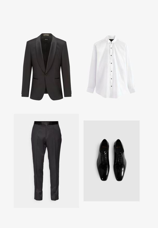 Sort smokingjakke med satin sjalskrave, enkeltknap, to sidelommer og en slim fit design, lavet af glat stof.; Hvid skjorte med lange ærmer med sorte knapper, spidst krave og knappede manchetter, vist mod en ensfarvet baggrund.; Sorte skræddersyede bukser med slim fit, flad front og diskret glans. Har en glat sort talje og kantdetaljer langs benene.; Sorte laklæder festsko med spids tå, snøredesign og glat finish. Har præget mærkelogo på indersålen.