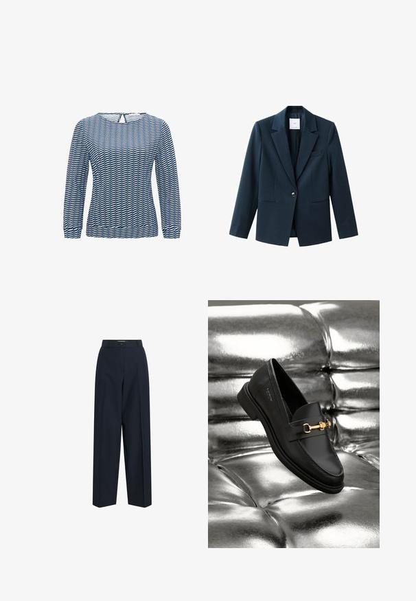 Donkerblauwe blazer van stof met een gladde textuur, voorzien van een enkele knoop, ingesneden revers en twee steekzakken aan de voorkant.; Langemouwige top met een geometrisch patroon in blauw en zwart. Gemaakt van lichte stof, met een ronde hals en een sleutelgatdetail op de rug.; Marineblauwe op maat gemaakte broek met rechte pijpen, riemlussen en een enkele knoopsluiting in de taille.; Zwarte leren instapper met een goudkleurig hardware-detail. De schoen heeft een strak ontwerp en een gladde, glanzende textuur.
