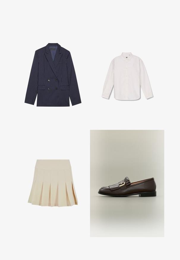 Dubbelzijdige marineblauwe blazer met witte streepjes, met een geknipt revers, twee voorkeurszakken en zes zwarte knopen, met een gladde stofstructuur.; Langarm wit overhemd met knopen, puntige kraag, volledige knoopsluiting aan de voorkant en een eenvoudig design, plat gelegd op een witte achtergrond.; Beige geplisseerde rok met een aangesloten tailleband, gemaakt van een gladde stof. Kenmerkt zich door meerdere verticale plooien en een rechte zoom.; Donkerbruine leren loafer met franje-detail en gouden gesp op een neutrale achtergrond, zijaanzicht.
