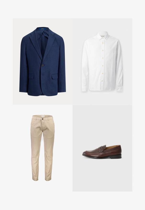 Marineblauer Herrenblazer mit einem Knopf, Kerbkragen, Pattentaschen und sichtbarem Polo Ralph Lauren-Label im Innenkragen.; Weißes Langarm-Hemd zum Knöpfen mit button-down Kragen und dezent eingewebtem Logo auf der linken Brust.; Beige Baumwollhosen mit geradem Bein, ausgestattet mit Vordertaschen, Reißverschluss und einem einzelnen Knopfverschluss. Glatte Textur, ohne Muster.; JOOP! KLEITOS - Slipper - brown