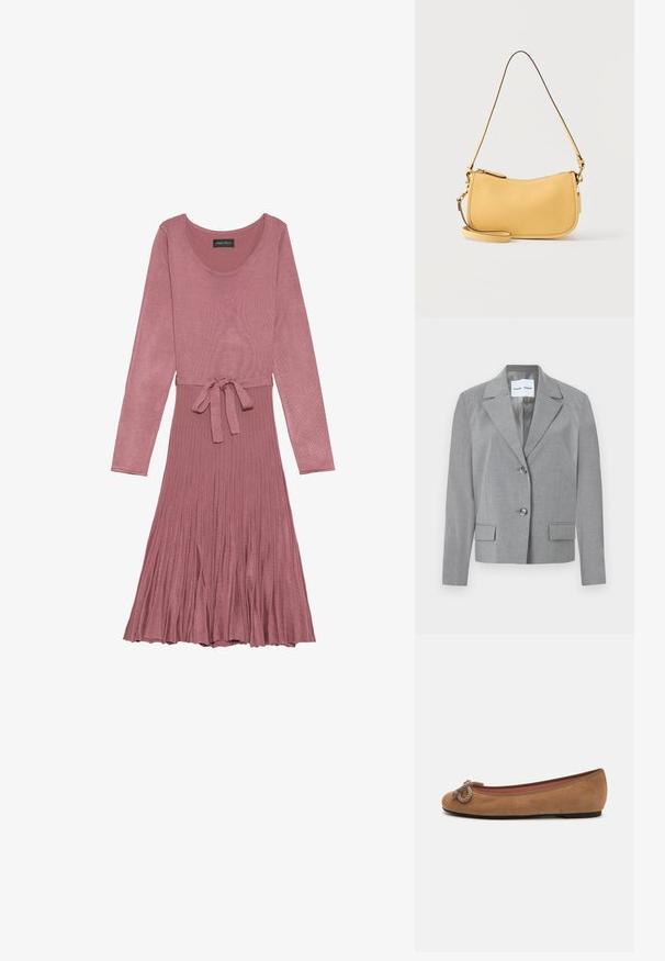 Grijze op maat gemaakte blazer met een gekartelde kraag, knoopsluiting met twee knopen en twee voorkruiszakken met een soepele textuur. Gevoerde binnenkant.; Langarmige, roze geribbelde jurk met een goed aansluitende bovenkant en een tulvrij, geplooid rokje. Bevat een strikceintuur in de taille voor een verstelbare pasvorm.; Bruine suède ballerina's met een ronde neus, voorzien van een decoratieve touwknopen aan de voorkant en een vlakke zool.; Gele leren schoudertas met gebogen bovenrits en smalle verstelbare riem, minimalistisch ontwerp op effen achtergrond.