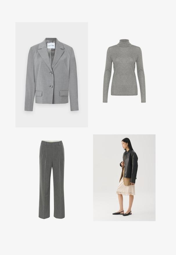 Blazer gris sur mesure avec un col en notch, fermeture à deux boutons et deux poches avant au toucher lisse. Doublure intérieure.; Haut turtleneck à manches longues gris en matériau doux. Présente une silhouette ajustée et un design de col roulé étroit.; Pantalons gris à rayures fines avec une coupe ajustée, un devant plat et un design à jambe large. Fabriqués en tissu lisse et léger.; Veste en cuir noir portée sur un haut marron, associée à une robe légère crème à bretelles avec bordure en dentelle et des chaussures slingback noires.