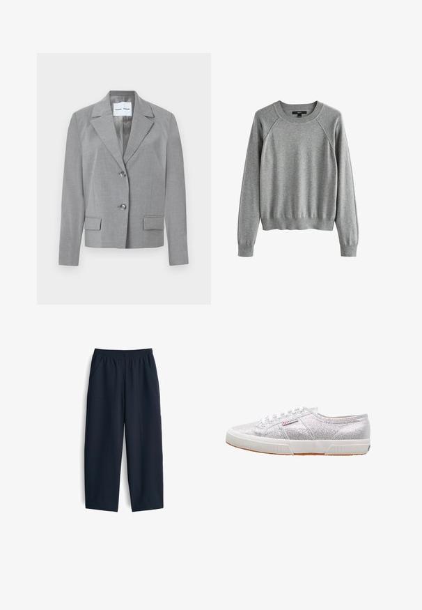 Grauer maßgeschneiderter Blazer mit geknöpftem Revers, Zwei-Knopf-Verschluss und zwei vorderen Taschen mit glatter Textur. Gefüttertes Innere.; Grauer Pullover mit Rundhalsausschnitt, Raglanärmeln und gerippten Bündchen. Hergestellt aus einem weichen Stoff mit glatter Textur.; Marineblaue Hose aus glattem Stoff, mit elastischem Bund, zwei Seitentaschen und einem entspannten Schnitt mit geraden Beinen.; Silberne Glitzer-Sneaker mit einer weißen Gummisohle, runder Zehenpartie, Schnürdesign und einem Logo-Patch an der Seite.