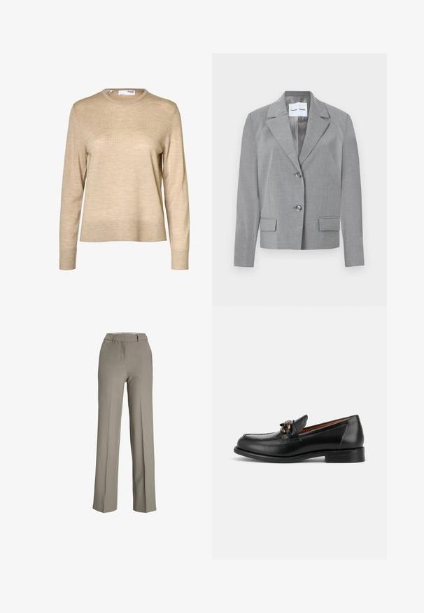 Grijze op maat gemaakte blazer met een gekartelde kraag, knoopsluiting met twee knopen en twee voorkruiszakken met een soepele textuur. Gevoerde binnenkant.; Beige wollen trui met lange mouwen, een ronde hals en geribde boorden en zoom, afgebeeld tegen een witte achtergrond.; Lichtgrijze, wijde broek gemaakt van een gladde stof met een op maat gemaakte tailleband, plooi aan de voorkant en zijzakken.; Zwarte leren loafer met lage hak, afgeronde neus en decoratieve metalen gesp aan de voorkant.