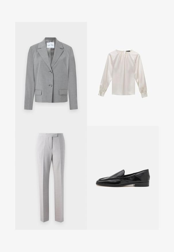 Grijze op maat gemaakte blazer met een gekartelde kraag, knoopsluiting met twee knopen en twee voorkruiszakken met een soepele textuur. Gevoerde binnenkant.; Witte satijnen bloes met lange mouwen, ronde halslijn en geplooide details. Heeft iets gepofte mouwen en een gladde textuur.; Lichtgrijze op maat gemaakte pantalon van fijn geweven stof met een gladde voorkant, plooien en een rechte pijp. Zit op de taille.; Zwarte leren instappers met een gladde afwerking, voorzien van een gestikt ontwerp langs de voorkant en een lage, vierkante hak.